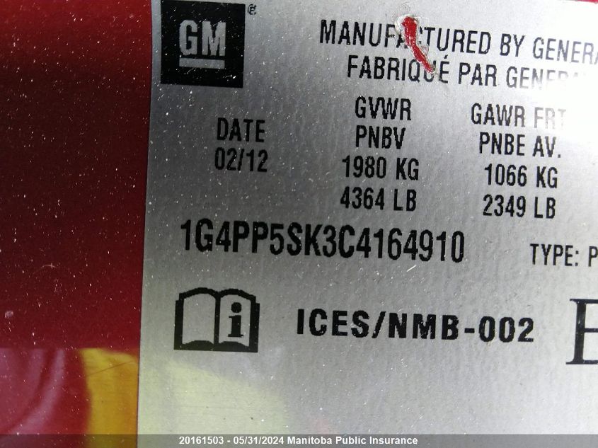 2012 Buick Verano VIN: 1G4PP5SK3C4164910 Lot: 20161503