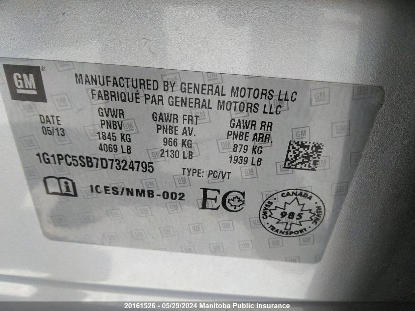 2013 Chevrolet Cruze Lt Turbo VIN: 1G1PC5SB7D7324795 Lot: 20161526