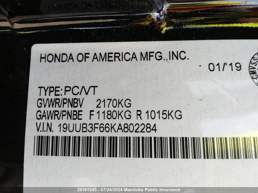 2019 Acura Tlx V6 VIN: 19UUB3F66KA802284 Lot: 20161545