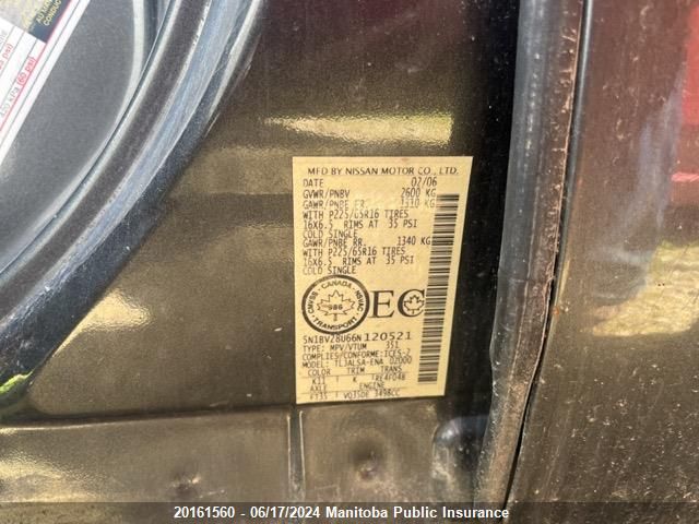 2006 Nissan Quest 3.5 S VIN: 5N1BV28U66N120521 Lot: 20161560