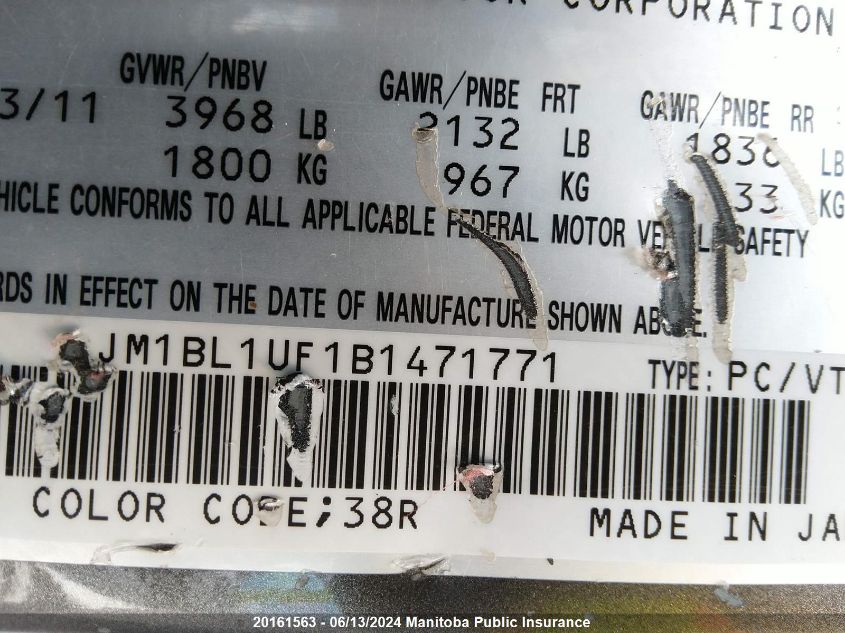 2011 Mazda Mazda3 Gx VIN: JM1BL1UF1B1471771 Lot: 20161563