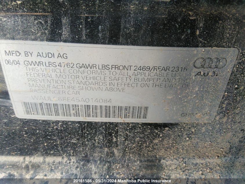 2005 Audi A4 1.8T Quattro VIN: WAULC68E45A014084 Lot: 20161586