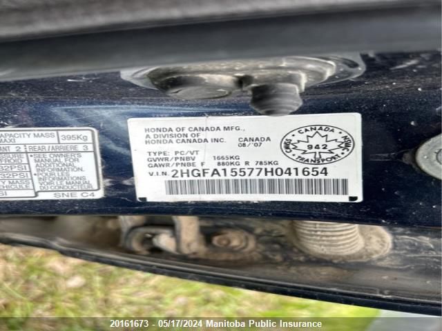 2007 Honda Civic Lx VIN: 2HGFA15577H041654 Lot: 20161673