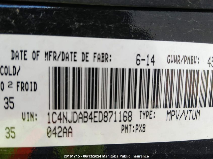 2014 Jeep Compass Sport VIN: 1C4NJDAB4ED871168 Lot: 20161715