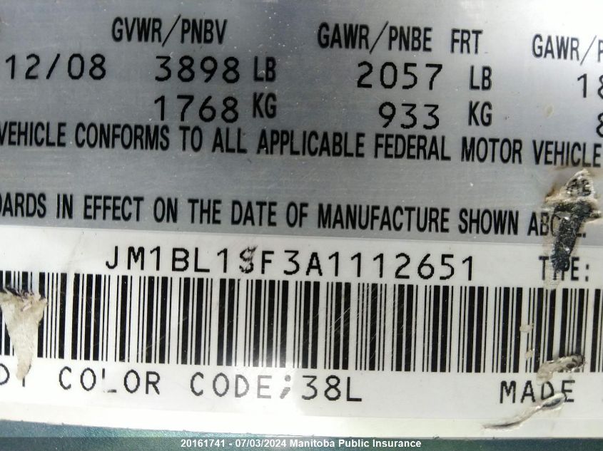 2010 Mazda Mazda3 Gs VIN: JM1BL1SF3A1112651 Lot: 20161741