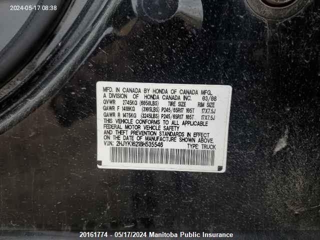 2008 Honda Ridgeline Rt VIN: 2HJYK16218H535546 Lot: 20161774