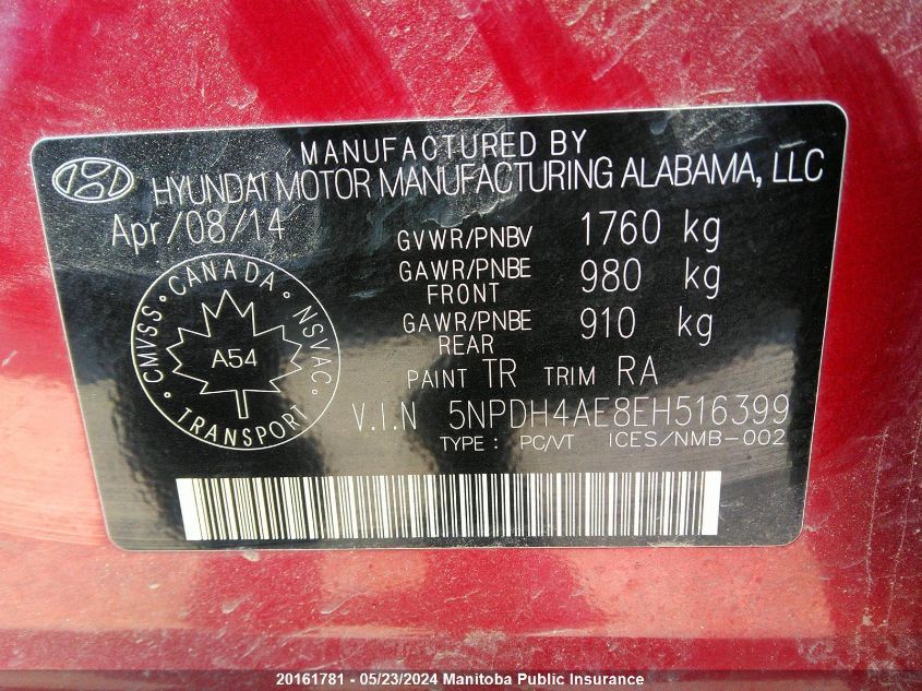 2014 Hyundai Elantra Gl VIN: 5NPDH4AE8EH516399 Lot: 20161781