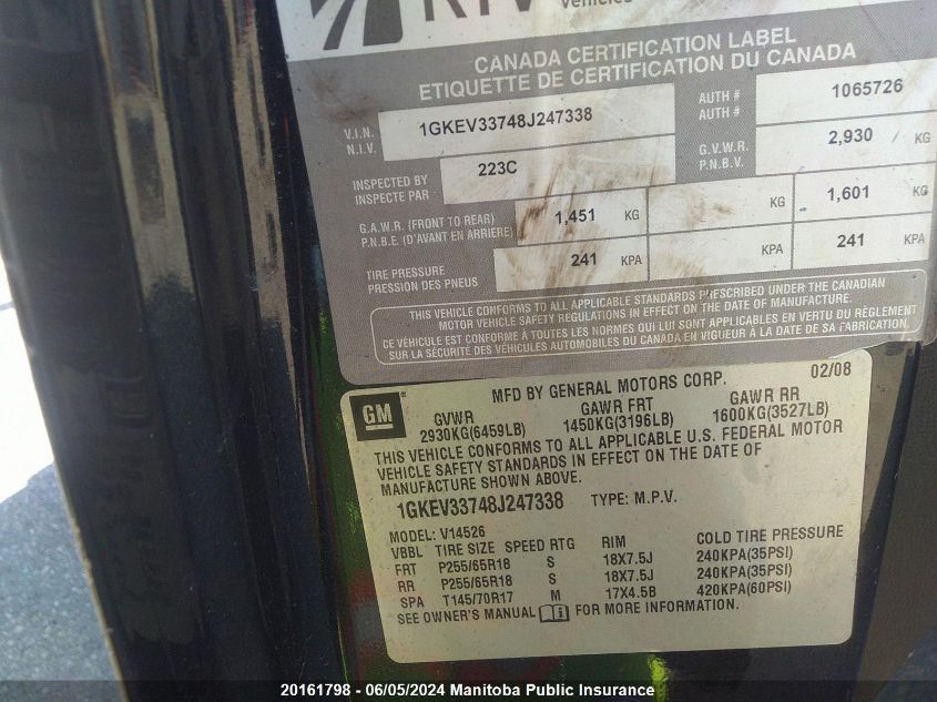 2008 GMC Acadia Slt VIN: 1GKEV33748J247338 Lot: 20161798