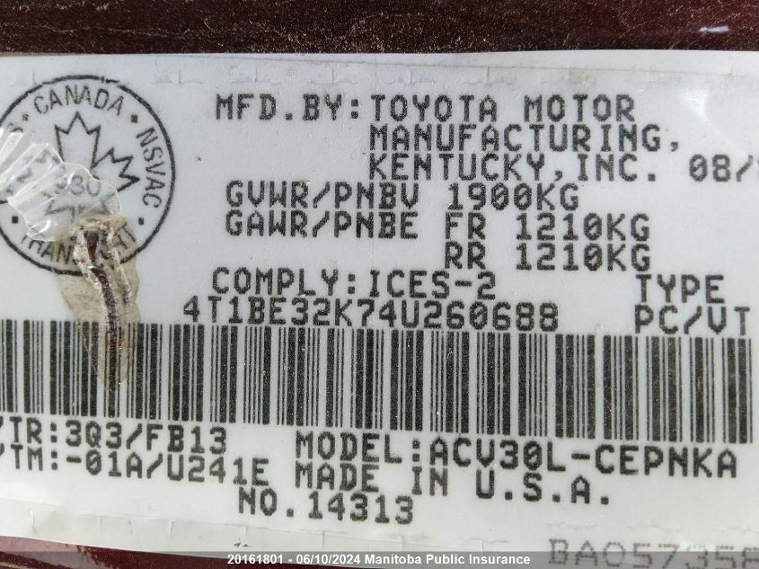 2004 Toyota Camry Le VIN: 4T1BE32K74U260688 Lot: 20161801