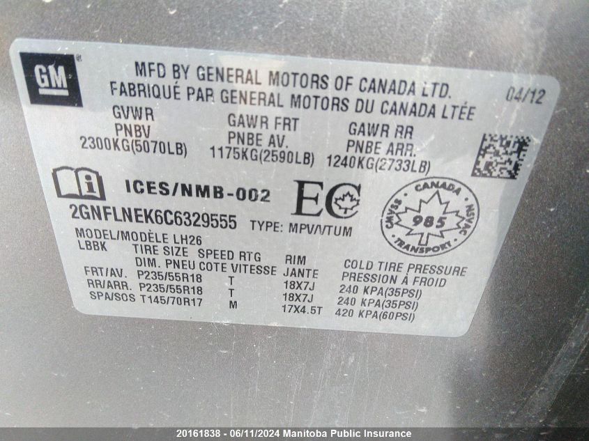 2012 Chevrolet Equinox Lt VIN: 2GNFLNEK6C6329555 Lot: 20161838