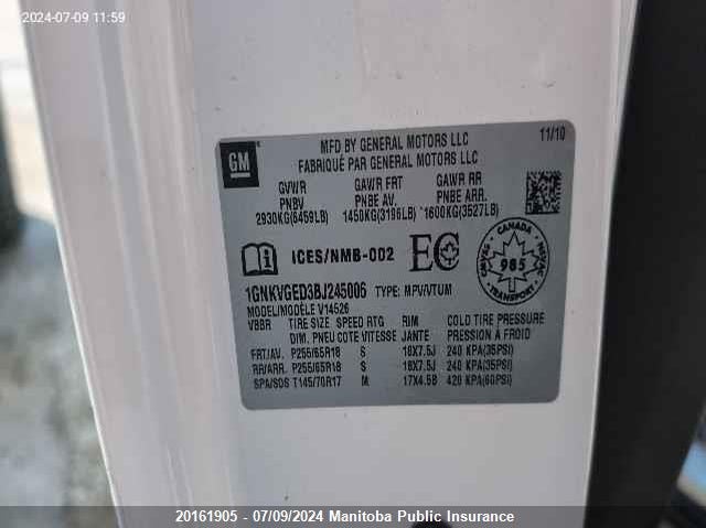 2011 Chevrolet Traverse Lt VIN: 1GNKVGED3BJ245006 Lot: 20161905