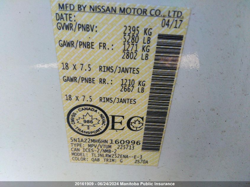 2017 Nissan Murano Sl VIN: 5N1AZ2MH6HN160996 Lot: 20161909