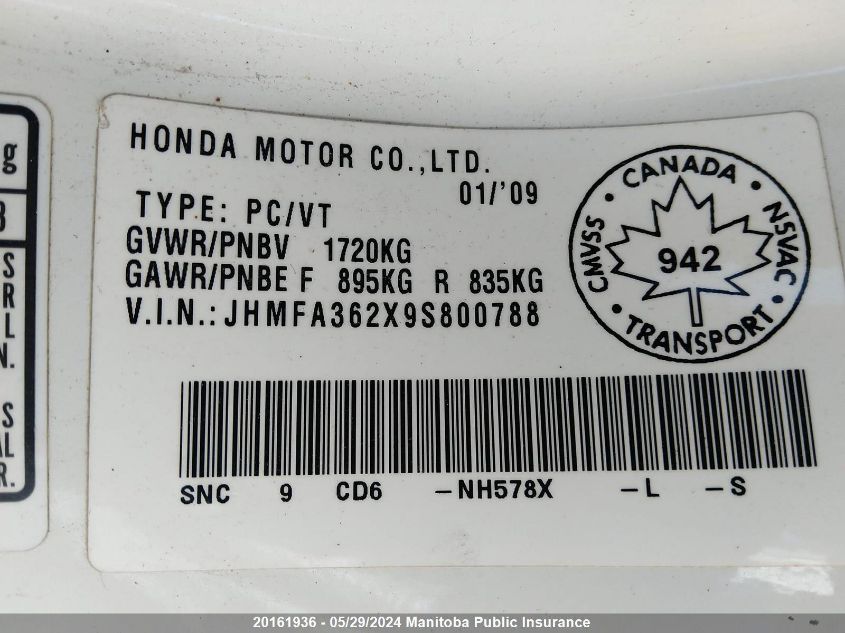 2009 Honda Civic Hybrid VIN: JHMFA362X9S800788 Lot: 20161936