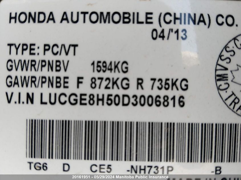 2013 Honda Fit Dx VIN: LUCGE8H50D3006816 Lot: 20161951