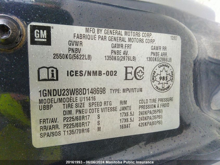 2008 Chevrolet Uplander Ls VIN: 1GNDU23W88D148698 Lot: 20161993