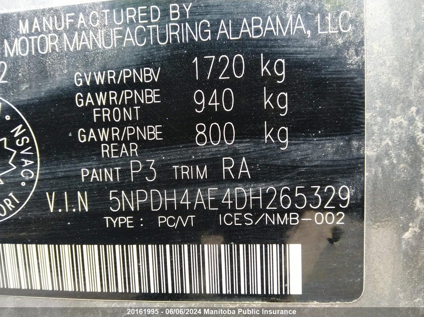 2013 Hyundai Elantra Gls VIN: 5NPDH4AE4DH265329 Lot: 20161995