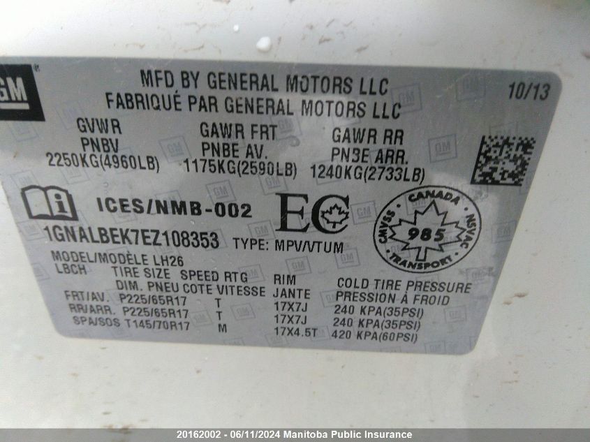 2014 Chevrolet Equinox Lt VIN: 1GNALBEK7EZ108353 Lot: 20162002