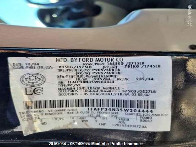 2005 Ford Focus Zx4 Ses VIN: 1FAFP34N35W204444 Lot: 20162034