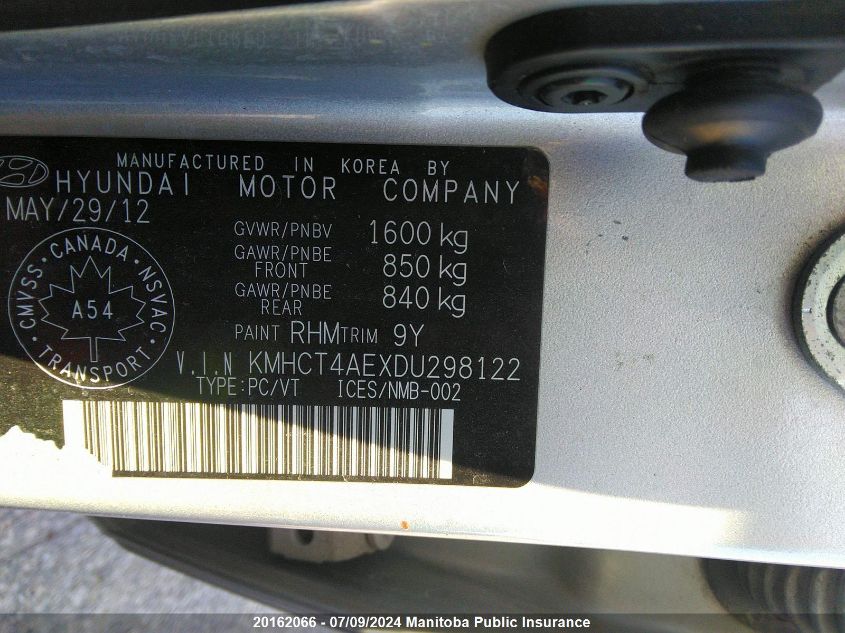 2013 Hyundai Accent Gl VIN: KMHCT4AEXDU298122 Lot: 20162066