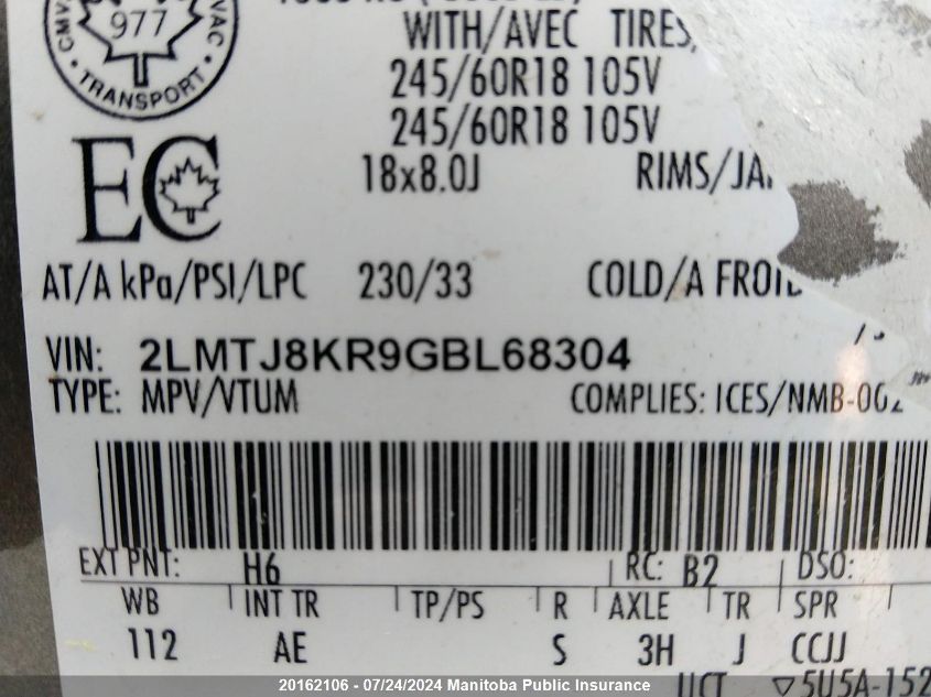 2016 Lincoln Mkx VIN: 2LMTJ8KR9GBL68304 Lot: 20162106