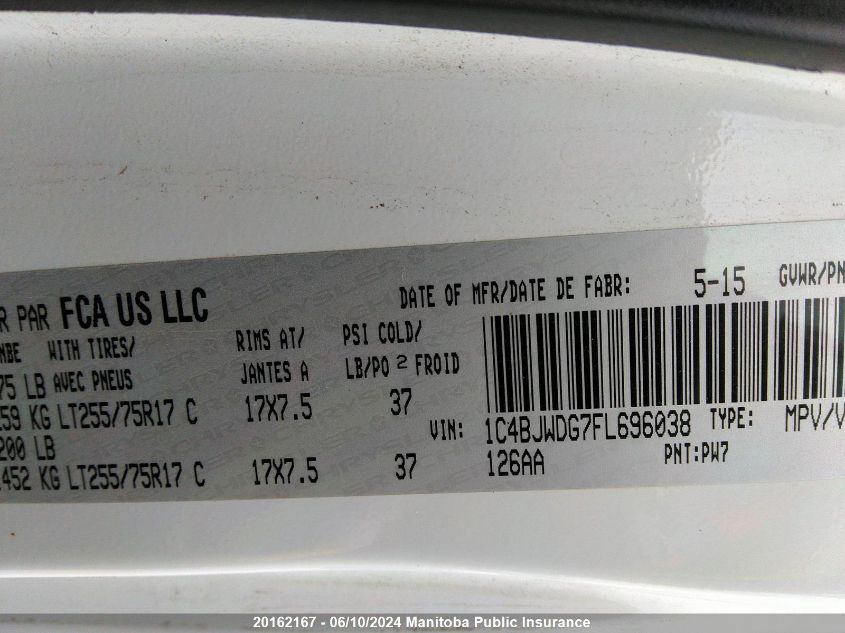 2015 Jeep Wrangler Unlimited Sport VIN: 1C4BJWDG7FL696038 Lot: 20162167