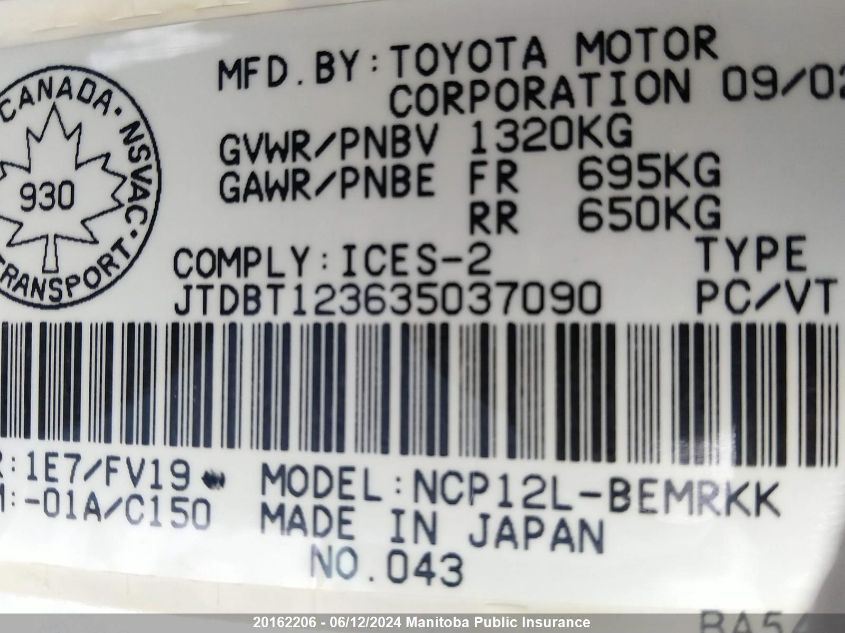 2003 Toyota Echo VIN: JTDBT123635037090 Lot: 20162206