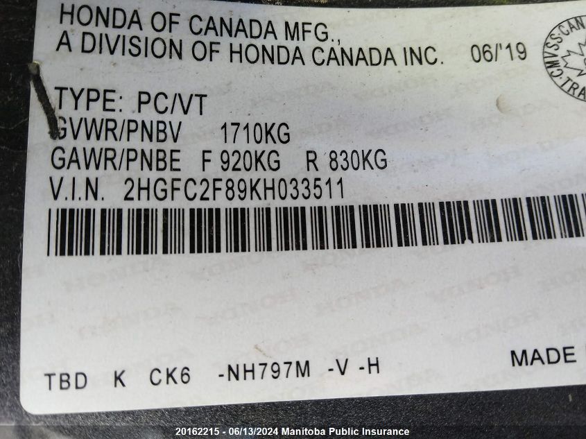 2019 Honda Civic Sport VIN: 2HGFC2F89KH033511 Lot: 20162215