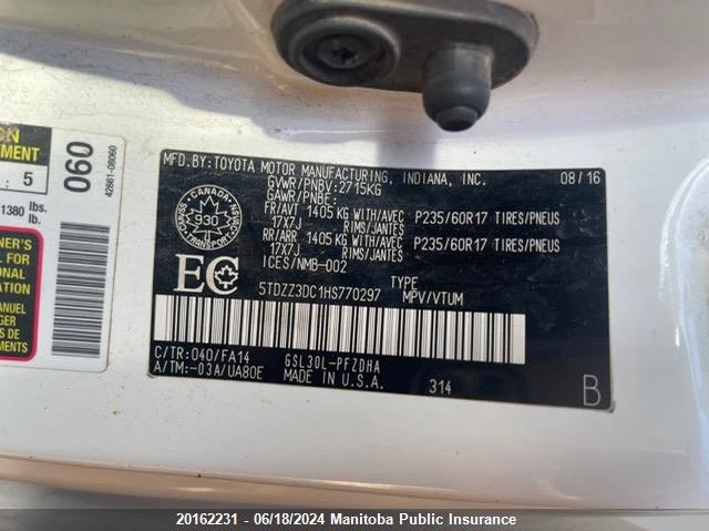 2017 Toyota Sienna Le V6 VIN: 5TDZZ3DC1HS770297 Lot: 20162231