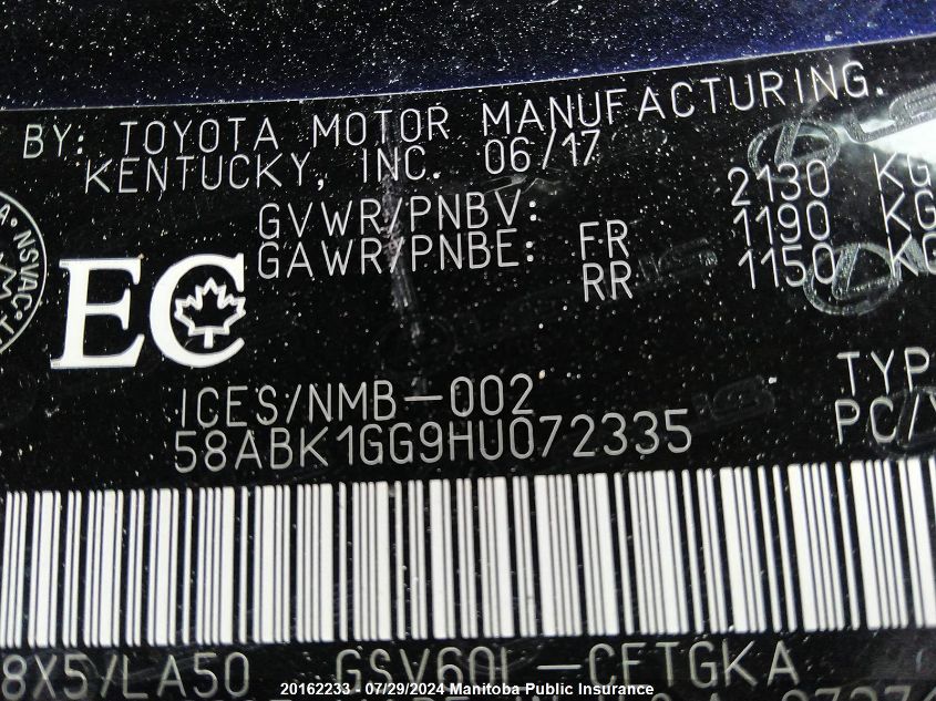 2017 Lexus Es 350 VIN: 58ABK1GG9HU072335 Lot: 20162233