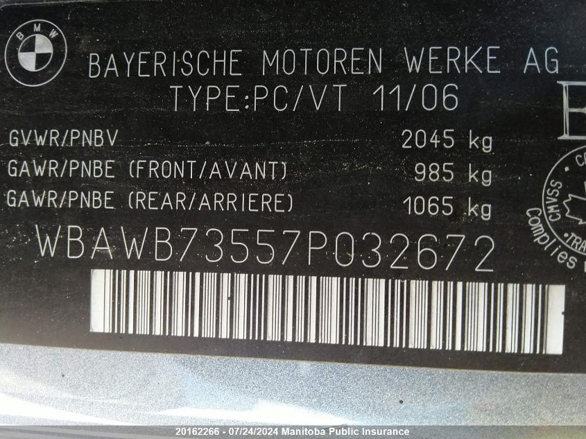 2007 BMW 335I VIN: WBAWB73557P032672 Lot: 20162266