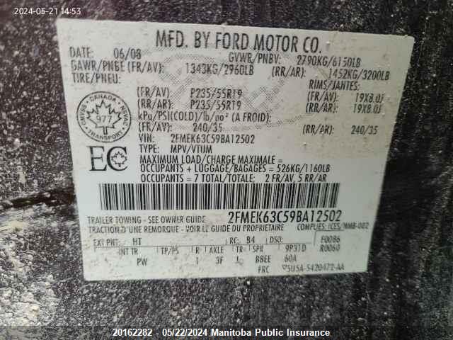 2009 Ford Flex Limited VIN: 2FMEK63C59BA12502 Lot: 20162282