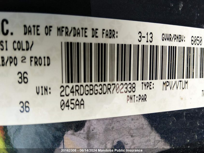 2013 Dodge Grand Caravan Se VIN: 2C4RDGBG3DR702338 Lot: 20162308
