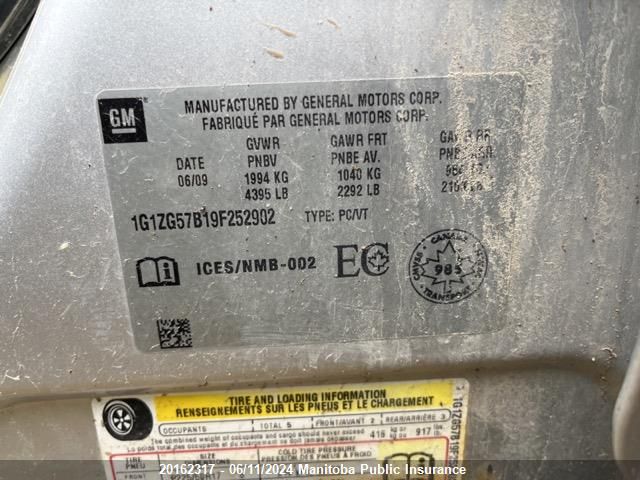 2009 Chevrolet Malibu Ls VIN: 1G1ZG57B19F252902 Lot: 20162317