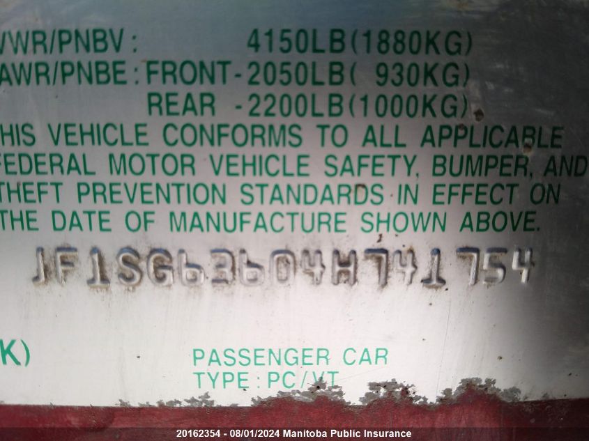 2004 Subaru Forester 2.5 X VIN: JF1SG63604H741754 Lot: 20162354