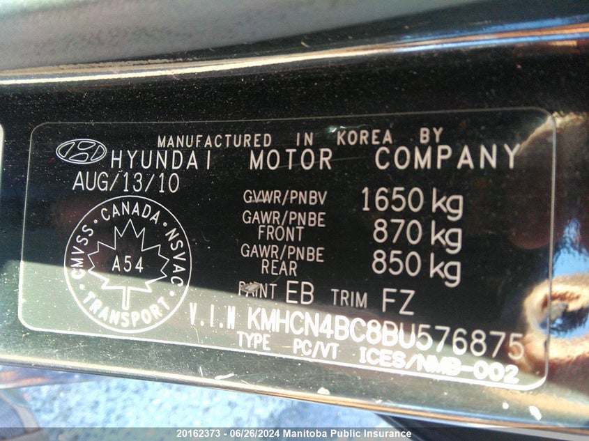 2011 Hyundai Accent Gl VIN: KMHCN4BC8BU576875 Lot: 20162373