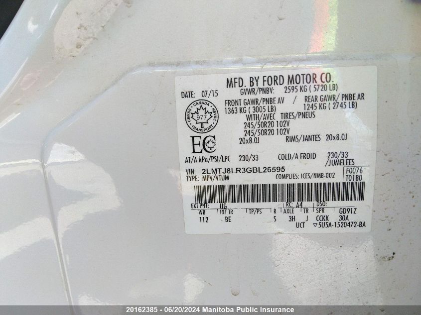 2016 Lincoln Mkx VIN: 2LMTJ8LR3GBL26595 Lot: 20162385