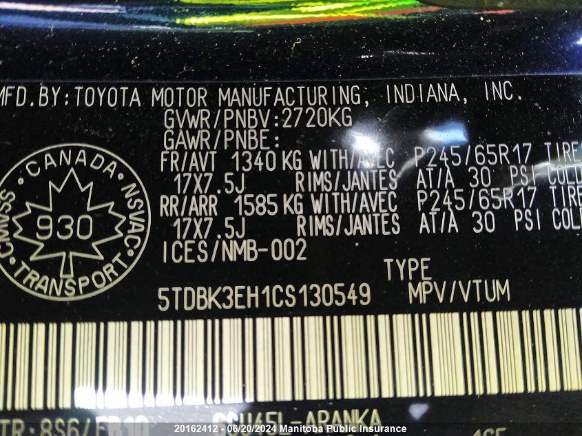 2012 Toyota Highlander V6 VIN: 5TDBK3EH1CS130549 Lot: 20162412