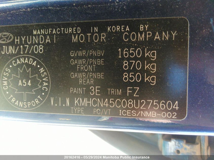 2008 Hyundai Accent Gls VIN: KMHCN45C08U275604 Lot: 20162416