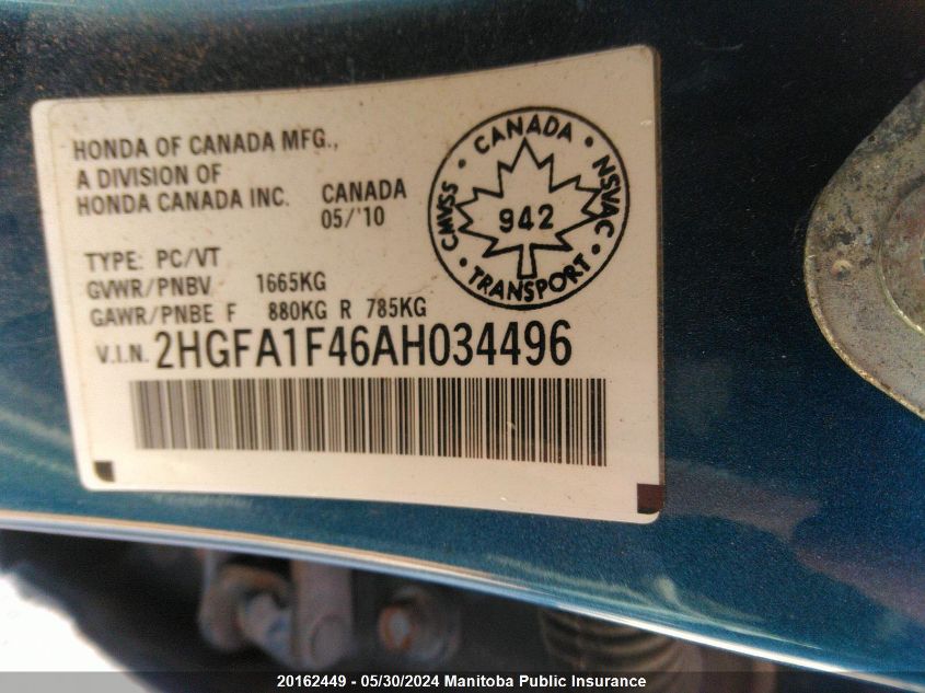 2010 Honda Civic Ex-L VIN: 2HGFA1F46AH034496 Lot: 20162449