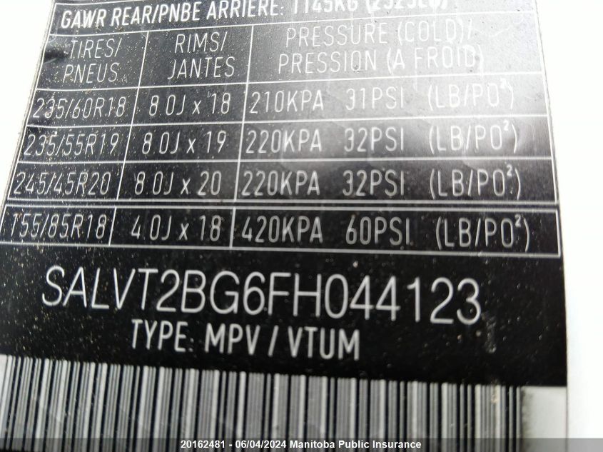 2015 Land Rover Range Rover Evoque VIN: SALVT2BG6FH044123 Lot: 20162481