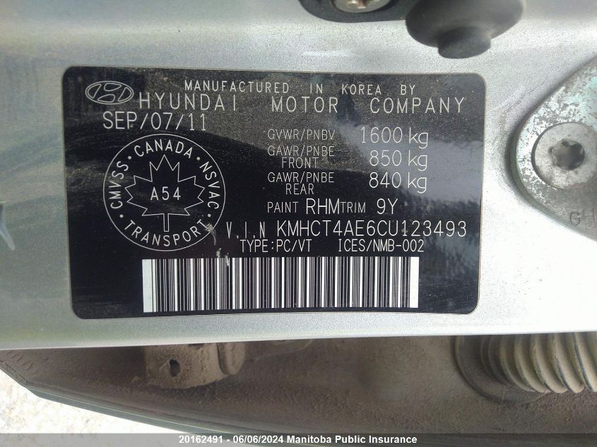 2012 Hyundai Accent Gls VIN: KMHCT4AE6CU123493 Lot: 20162491