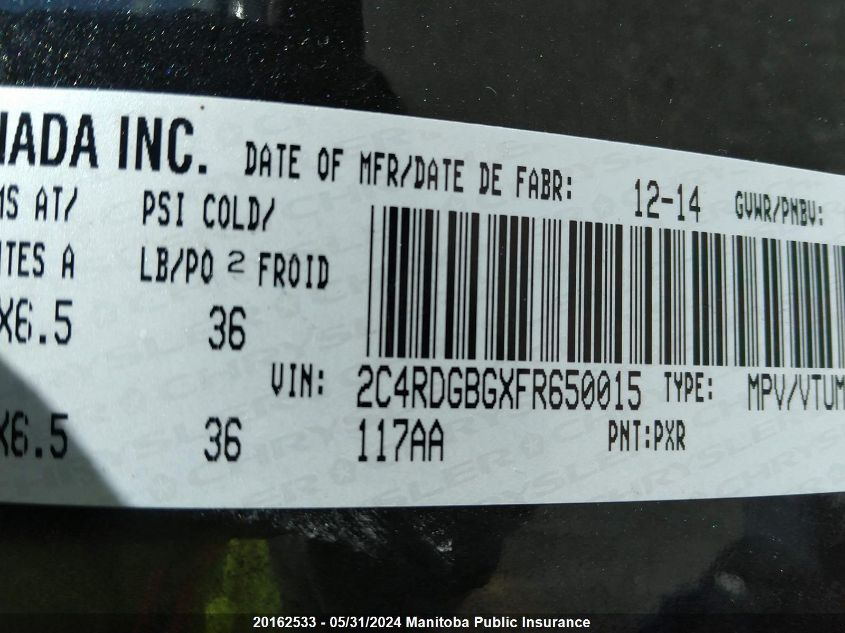 2015 Dodge Grand Caravan Crew VIN: 2C4RDGBGXFR650015 Lot: 20162533