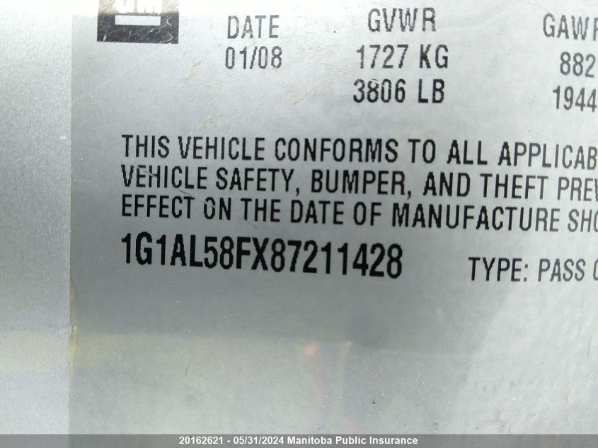 2008 Chevrolet Cobalt Lt VIN: 1G1AL58FX87211428 Lot: 20162621