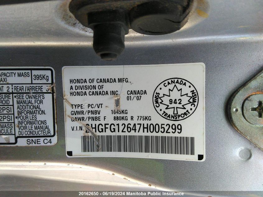 2007 Honda Civic Lx VIN: 2HGFG12647H005299 Lot: 20162650