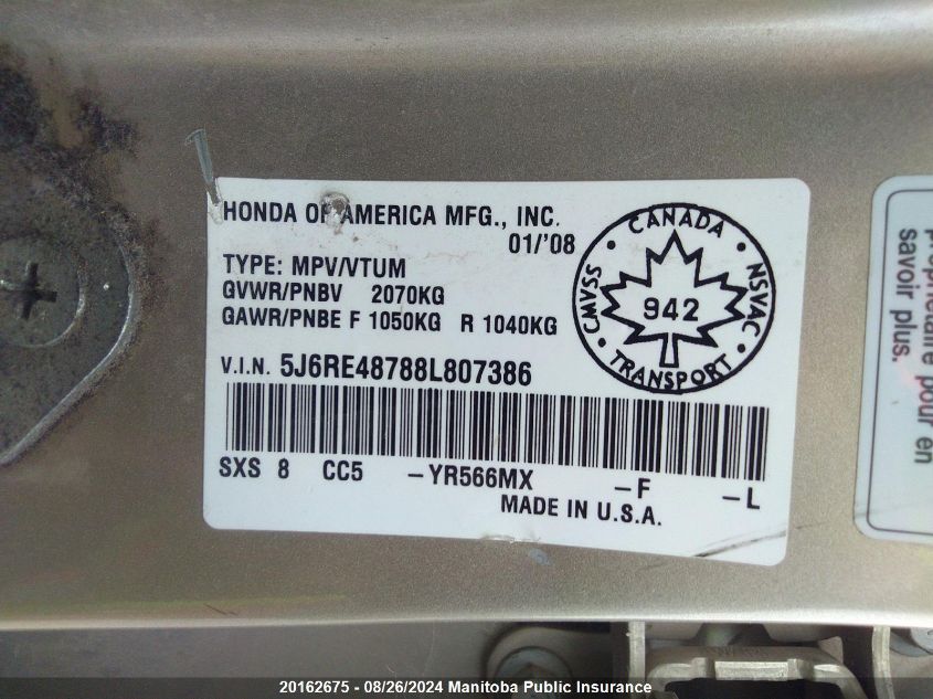 2008 Honda Cr-V Ex-L VIN: 5J6RE48788L807386 Lot: 20162675