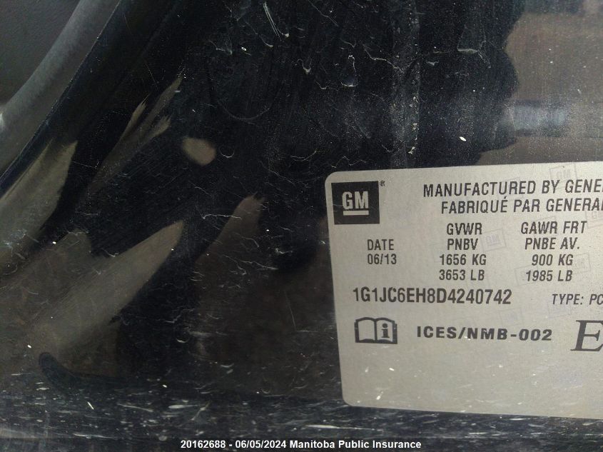 2013 Chevrolet Sonic Lt VIN: 1G1JC6EH8D4240742 Lot: 20162688