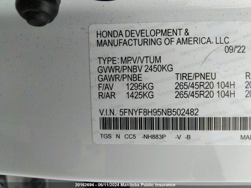 2022 Honda Passport Touring VIN: 5FNYF8H95NB502482 Lot: 20162694