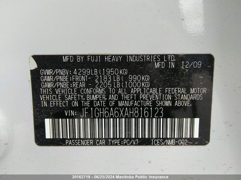 2010 Subaru Impreza 2.5I VIN: JF1GH6A6XAH816123 Lot: 20162719