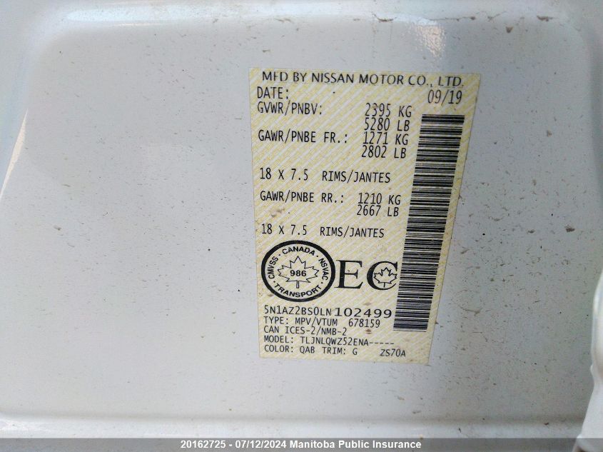 2020 Nissan Murano Sv VIN: 5N1AZ2BS0LN102499 Lot: 20162725