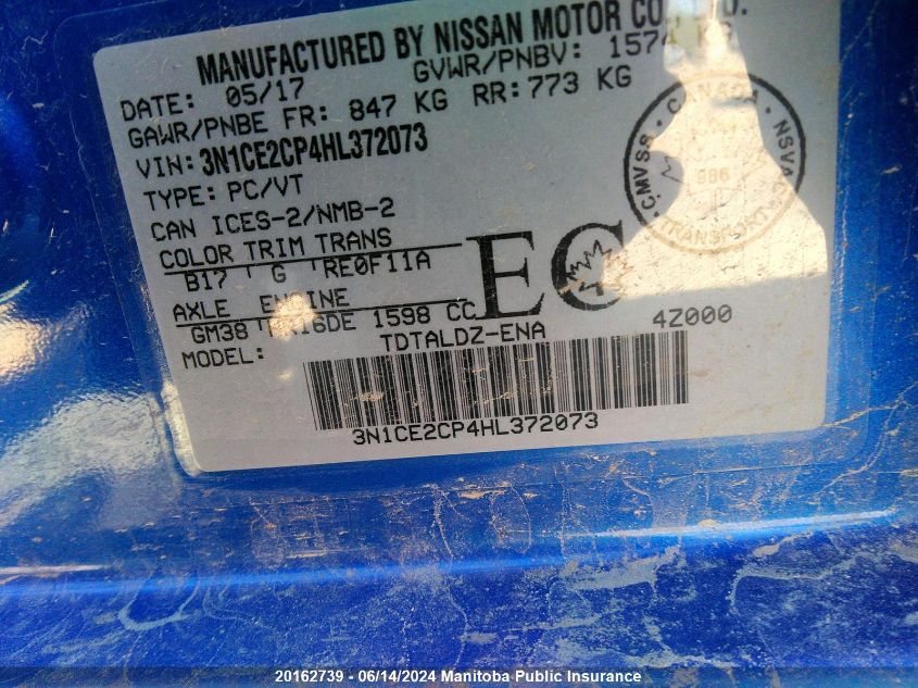 2017 Nissan Versa Note Sv VIN: 3N1CE2CP4HL372073 Lot: 20162739